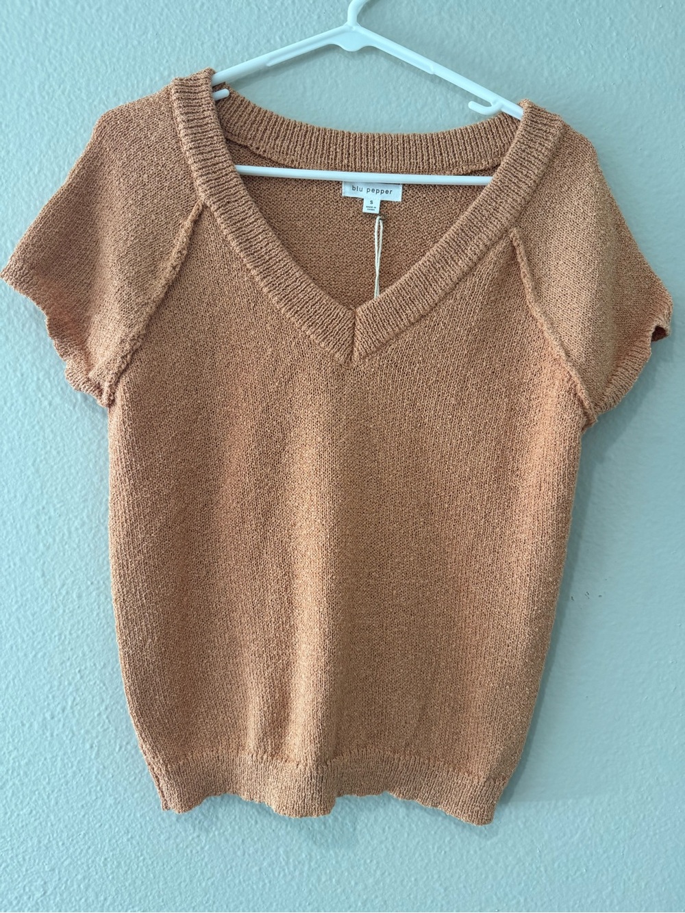 Blu Pepper Women's Short-Sleeve V-Neck Sweater in Terracotta - Picture 1 of 2